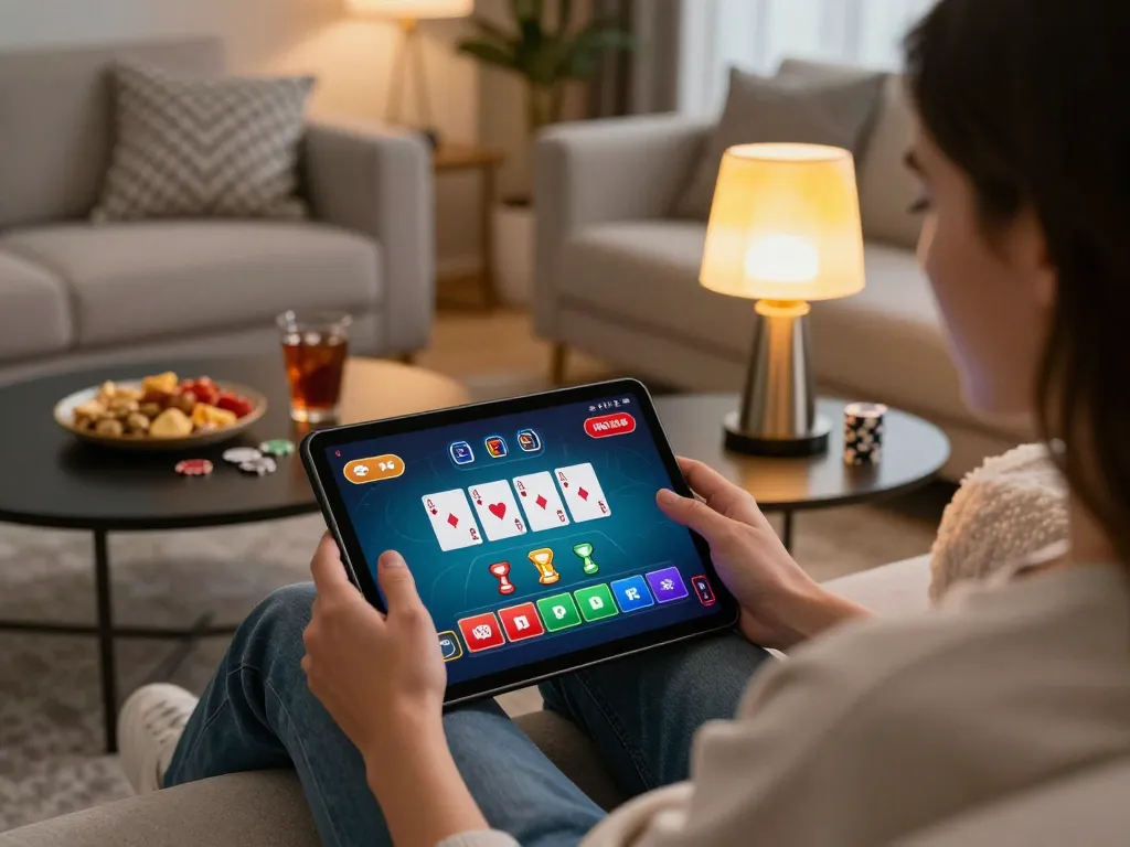 Engaging in online RR99 casino gaming from a cozy living room setting, showcasing tablet poker interface
