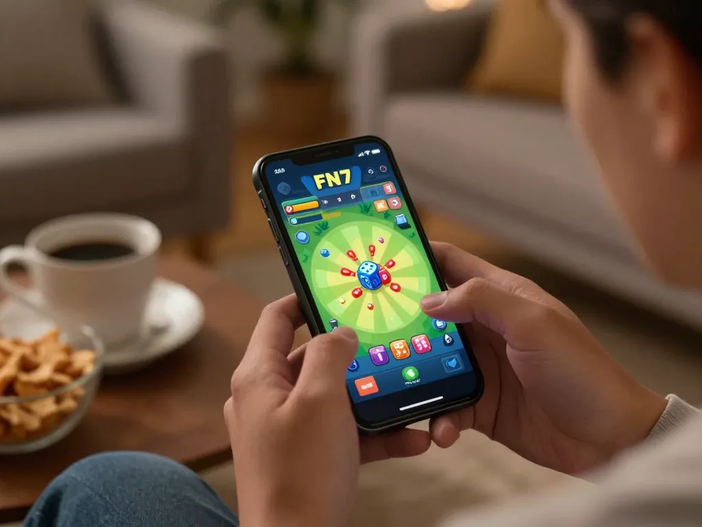 Player engaging with FN7 game app on smartphone, cozy home gaming setup with snacks.