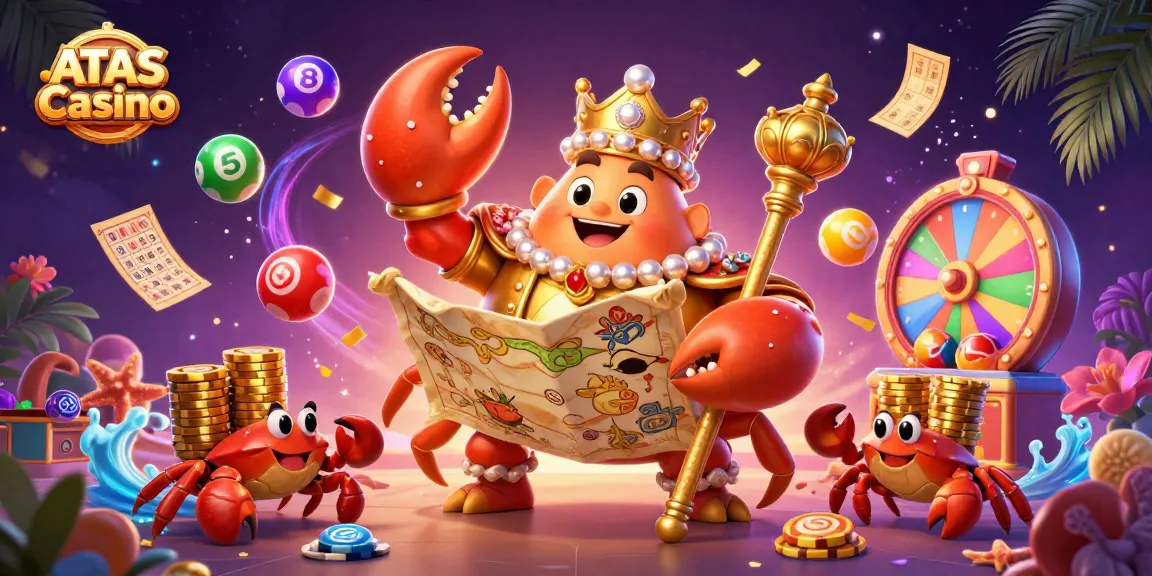 Enjoy thrilling gaming adventures at ATAS Casino with our vibrant 3D illustration featuring a golden crab emperor and dynamic lottery elements.