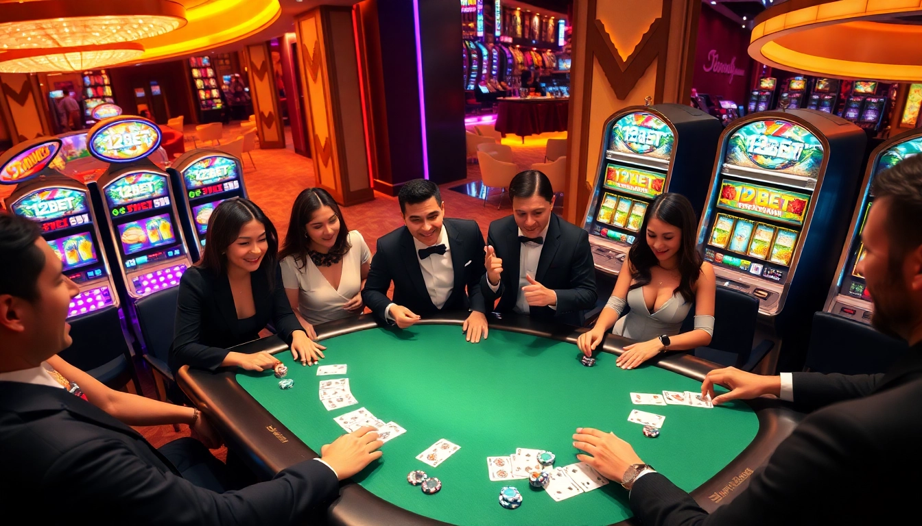 Players enjoying exciting blackjack games at 12BET's luxurious casino table with vibrant decor.