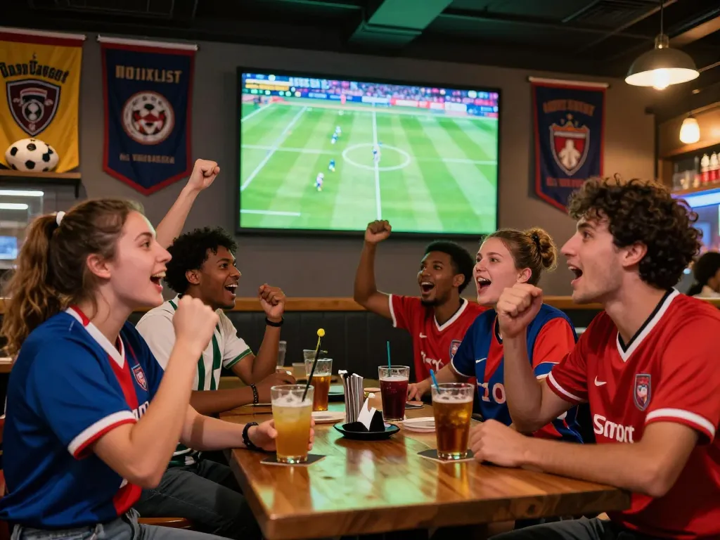 Football fans cheering in a lively sports bar while following the now goal live scores.
