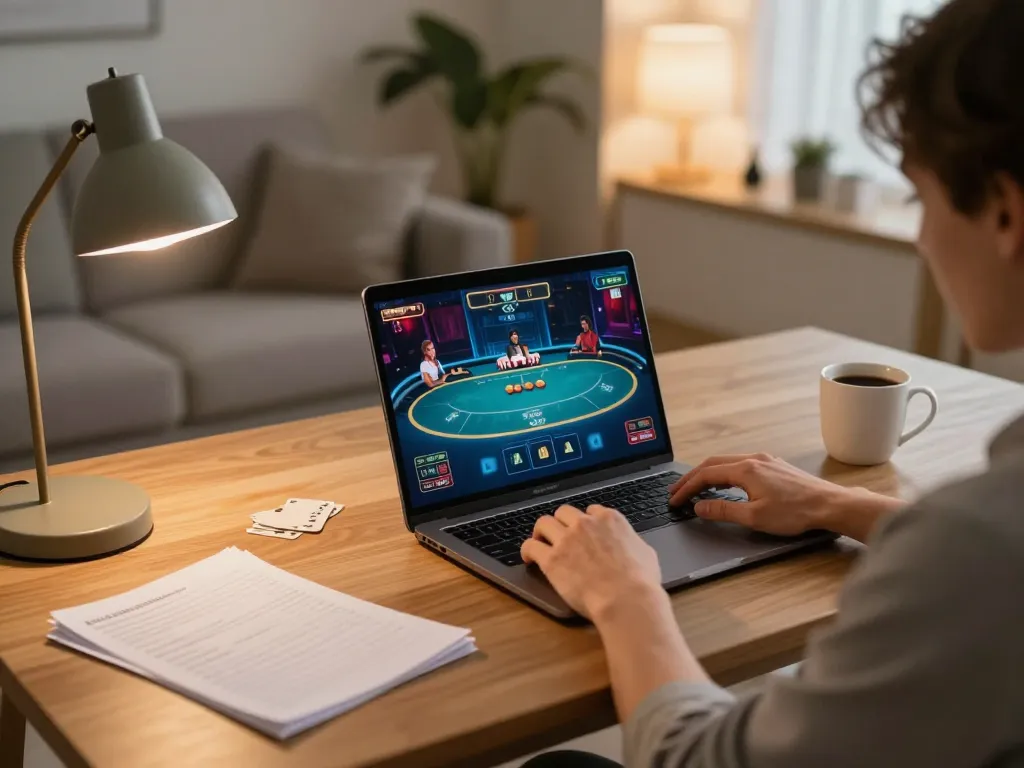 Engaging online poker gameplay on au88 shown in a cozy home setup with a laptop and notes.