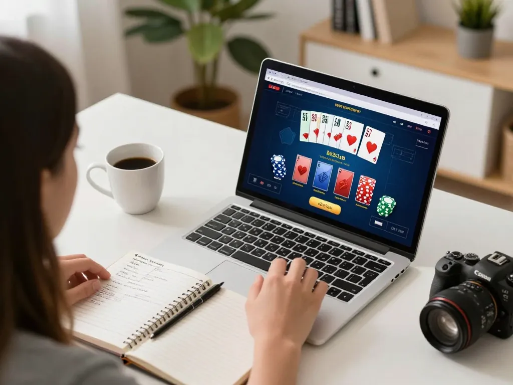 Player enjoying online poker at b52club, showing laptop screen with animated cards and chips.