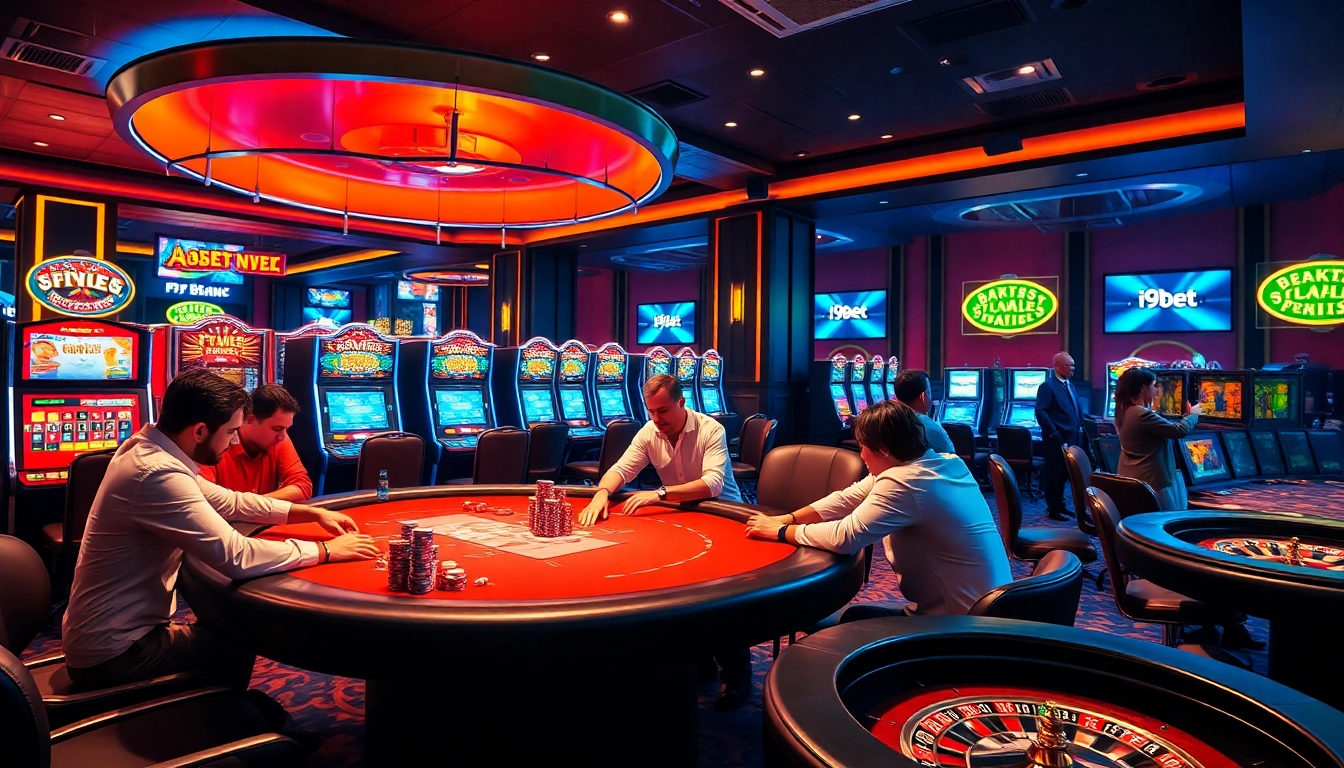 Authentic poker action at a luxurious casino featuring i9bet branding and vibrant slots.