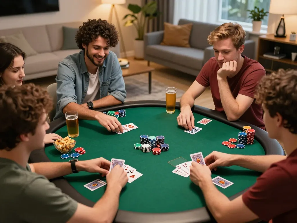 Friends enjoying a lively poker game night at home with Juraganbet88, showcasing strategic gameplay and camaraderie.