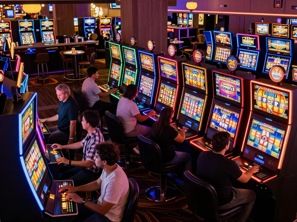 Players engaging with slot 88 machines in a vibrant casino setting, showcasing colorful displays and a lively atmosphere.