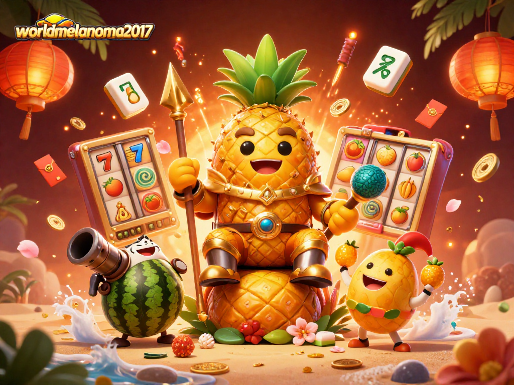 Engage in worldmelanoma2017 themed casino action with a vibrant 3D illustration of a pineapple king and games.