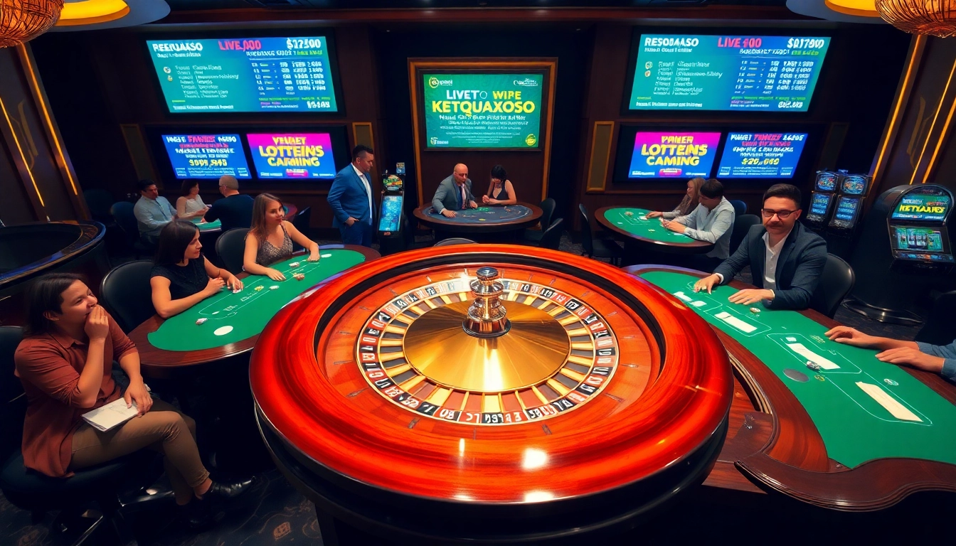 Experience the thrill of Ketquaxoso at a luxurious casino with vibrant roulette tables and excited players.