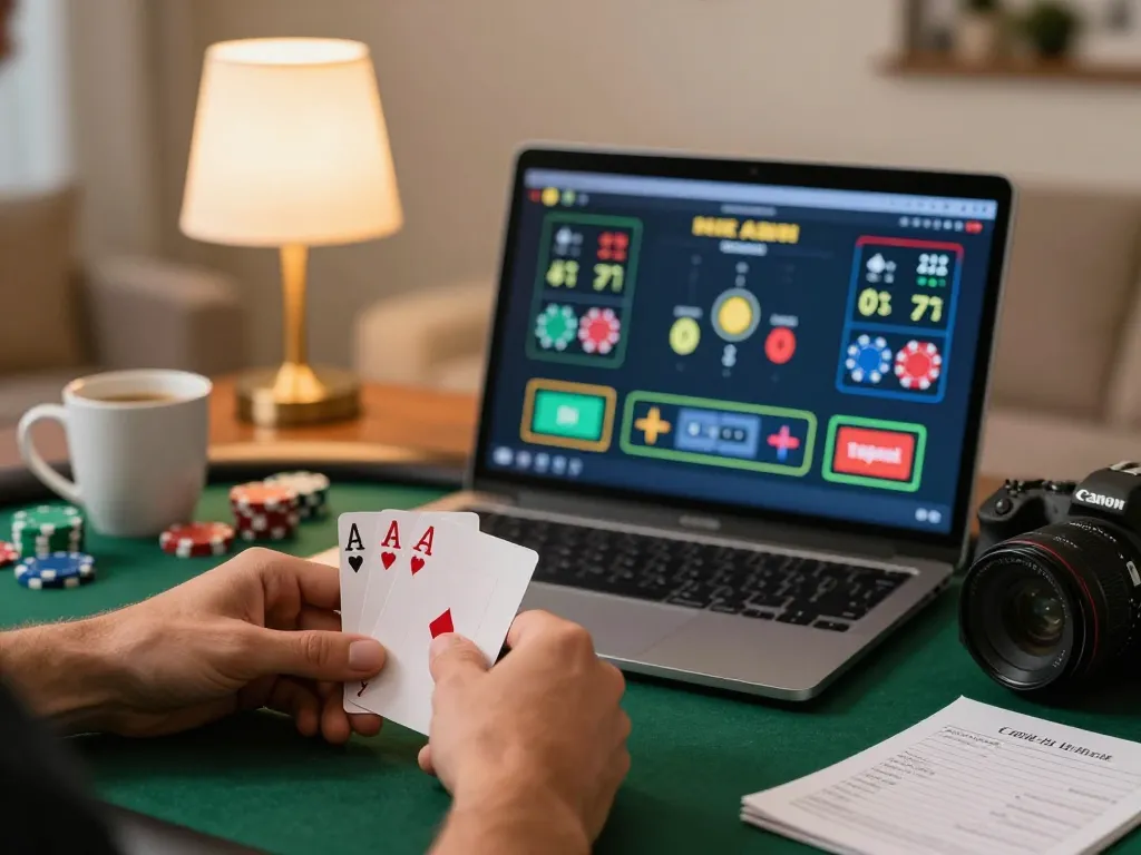 Engaging poker gameplay at home showcasing ทางเข้า m110 for online betting strategies.