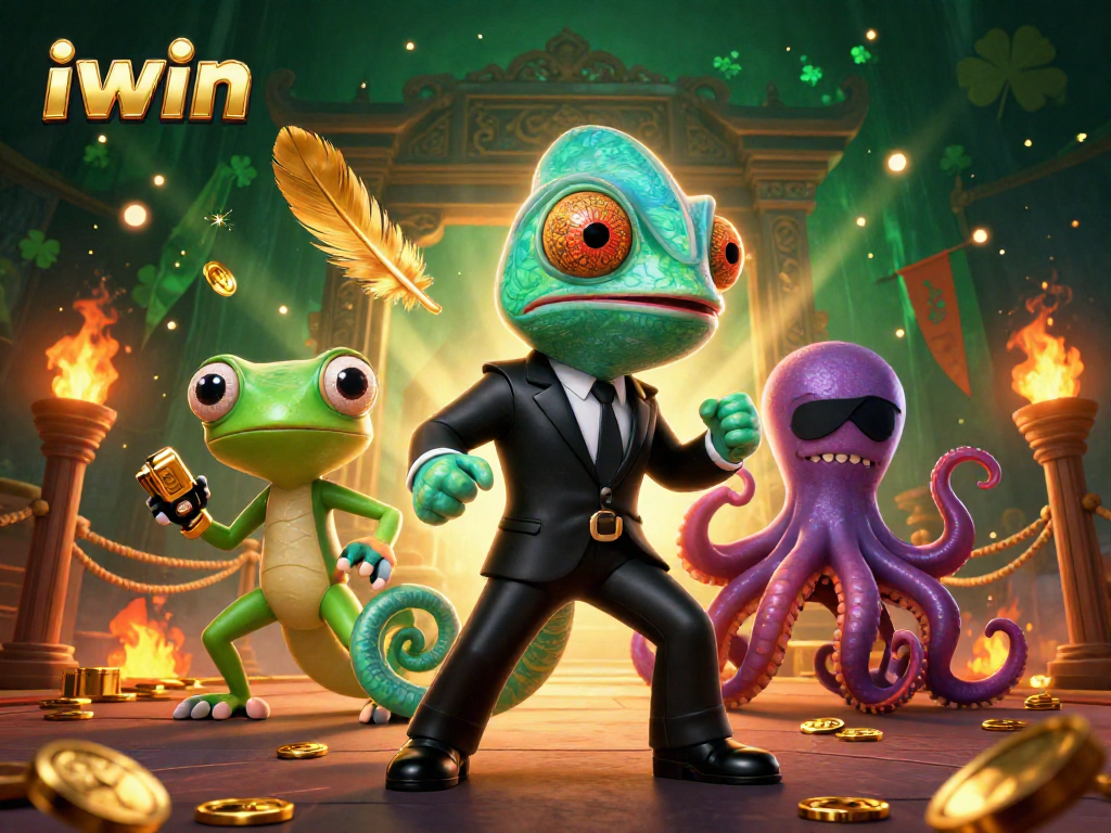 Engage with iwin's thrilling casino adventure featuring a chameleon, gecko, and octopus in action.