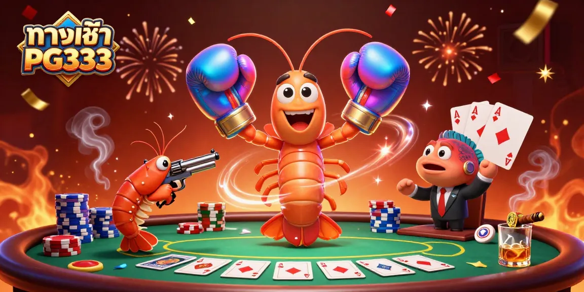 Experience dynamic action with ทางเข้า PG333 while a mantis shrimp and friends celebrate at a poker table.