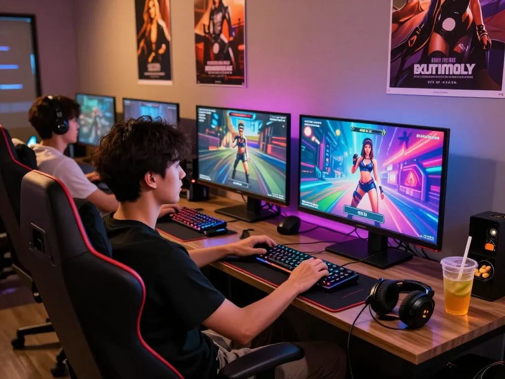 Experience immersive porngames in a vibrant gaming lounge with dual screens.