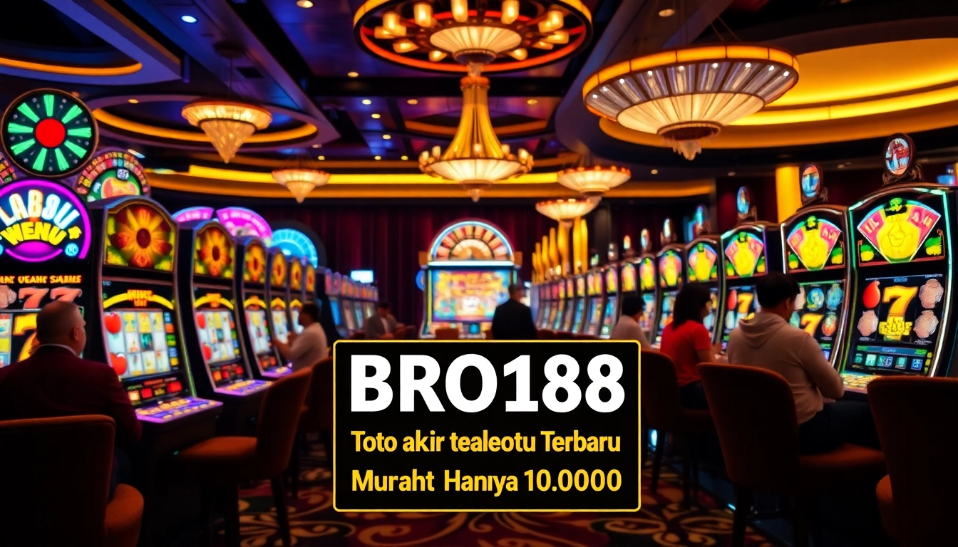 BRO138: Promo akhir tahun Toto Slot Terbaru Murah Hanya 10.000 captures an exciting casino atmosphere with players enjoying slot machines.