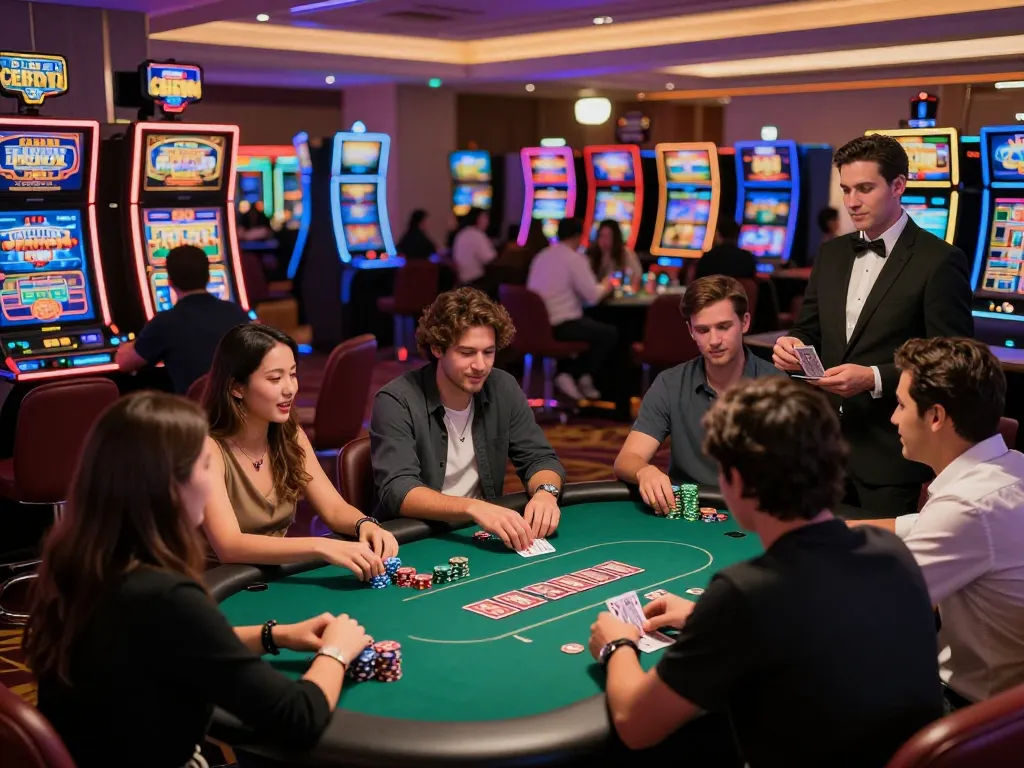 Players discussing strategies at a poker table while enjoying the vibrant casino atmosphere at NK88.