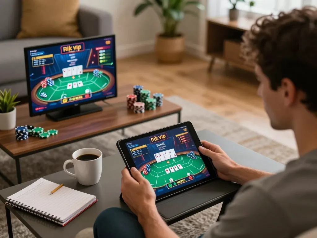 Engaged player enjoys rik vip online poker on tablet, cozy home environment with strategy notes.