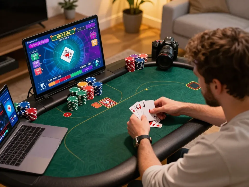FB88 players engaging in an intense online poker session, displaying cards and chips with strategic focus.