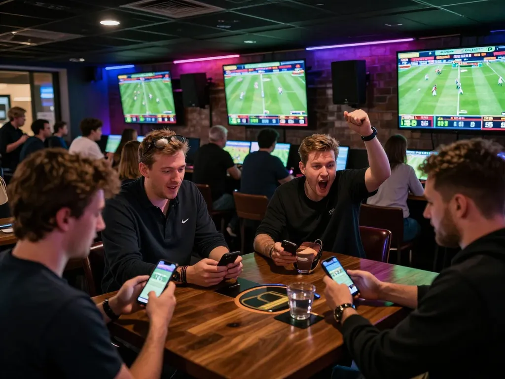 Soi Kèo sports betting scene with viewers engaged in live matches, creating a thrilling atmosphere.