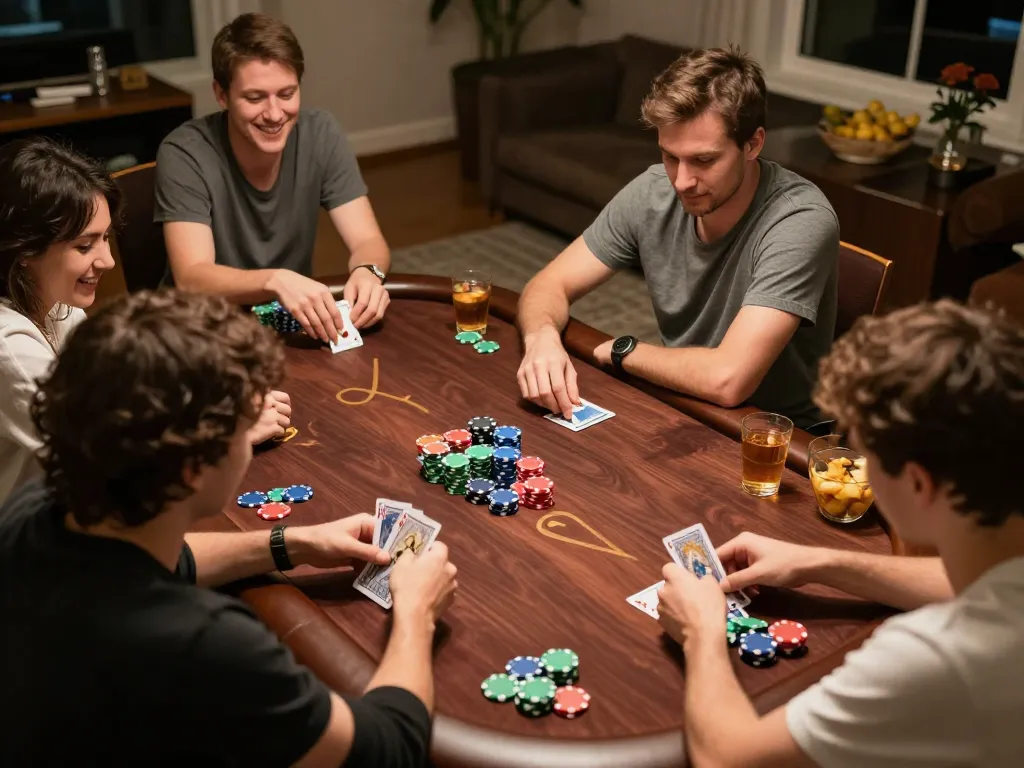 Players strategizing during an intense poker game at home, highlighting nk88mvp's gaming culture.