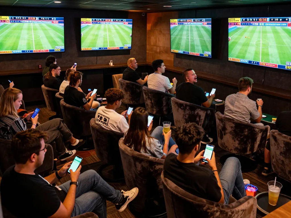 Excited fans engaged in sports betting at vsc10 with live football screens