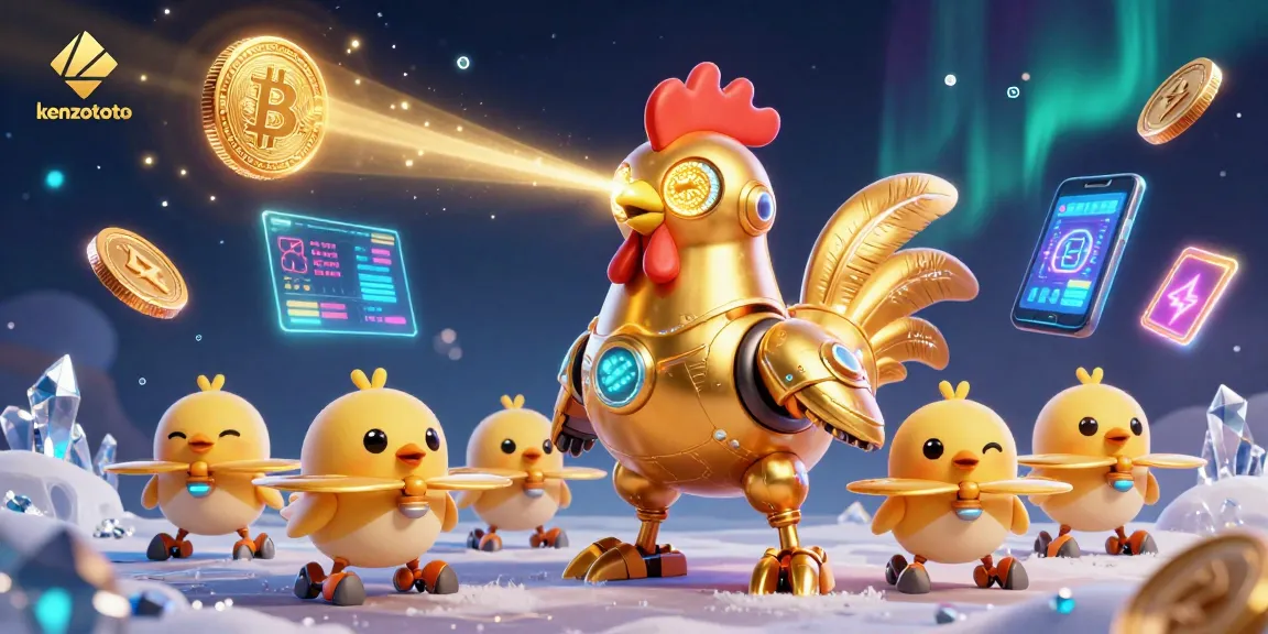 Kenzototo engages players with a vibrant scene featuring a futuristic golden rooster robot and crypto-themed elements.