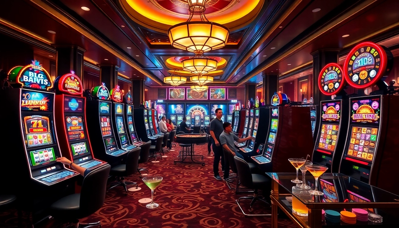 Excited players enjoying the slot gacor machines in a luxurious casino setting.