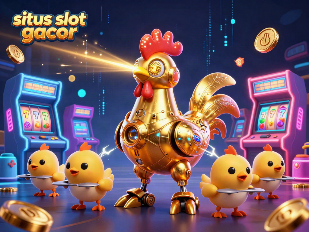 Engage with exciting situs slot gacor gameplay featuring a futuristic rooster and arcade elements.