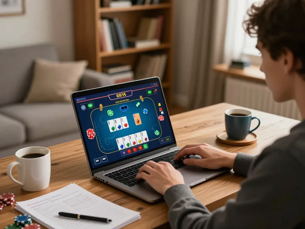 Seorang pemain terlibat dalam permainan poker Situs Judi Online di laptop, menunjukkan strategi dan kesenangan di lingkungan rumah yang nyaman.