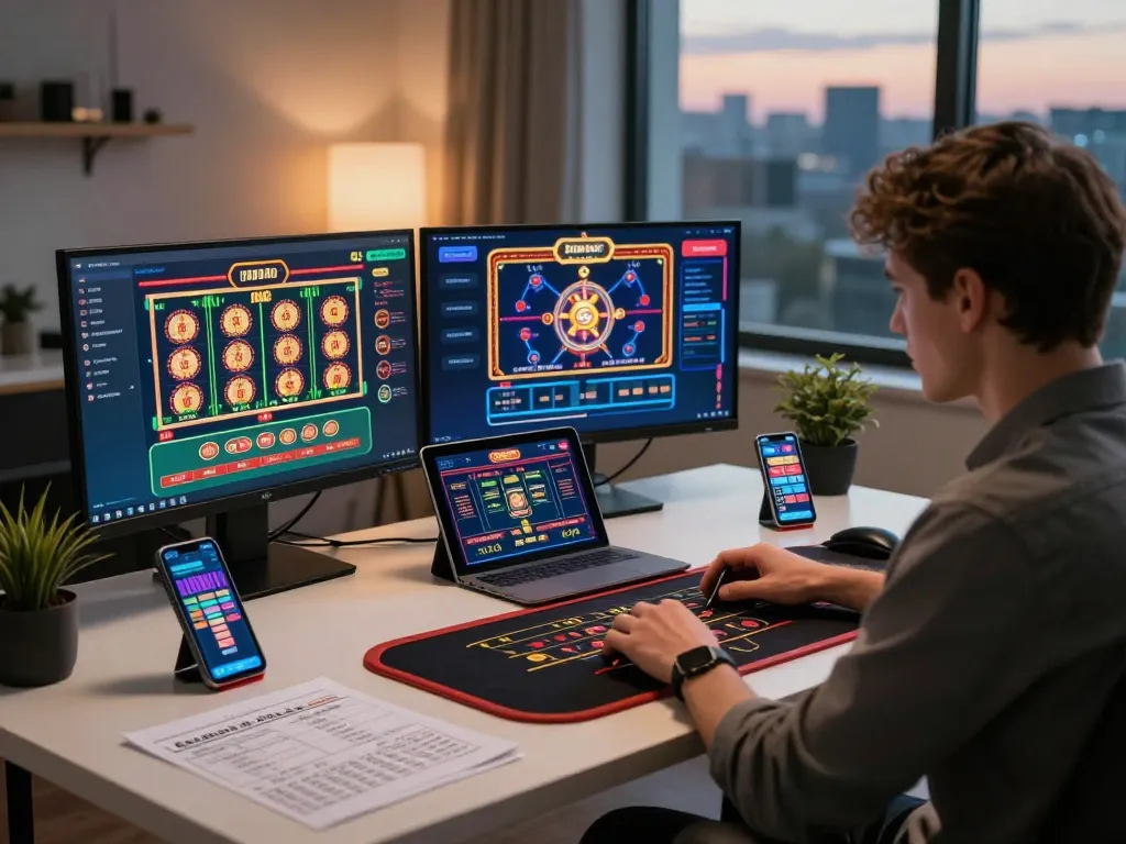 Player engaging with non gamstop online casino games on multiple devices for a thrilling gaming experience.