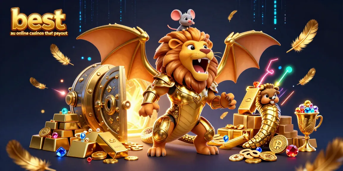 Engage with the best au online casinos that payout, featuring a heroic chimera above treasures of gold and gems.