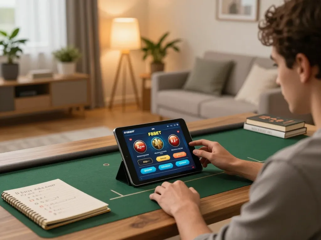 F8BET player enjoying online gaming on tablet in a cozy home environment