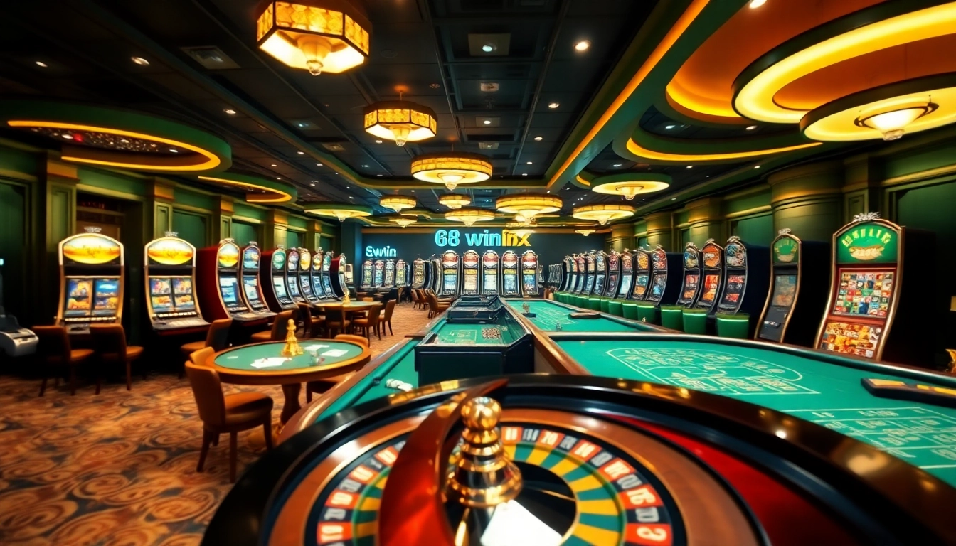 Experience thrilling gaming action at 68win with casino tables and vibrant slot machines.