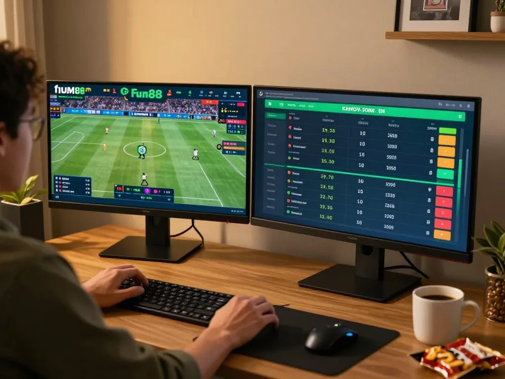 Person engaging in sports betting on Fun88 with dual monitors, showcasing dynamic betting interface and lively atmosphere
