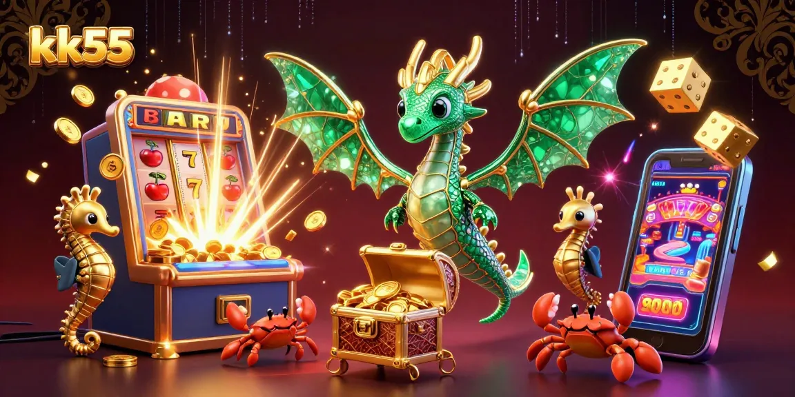 Experience the thrills of kk55 with a vibrant, action-packed 3D casino scene featuring a dragon and treasures.