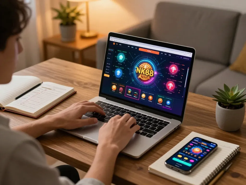 Engaging with NK88 đăng nhập on a laptop in a cozy home office while analyzing gaming strategies