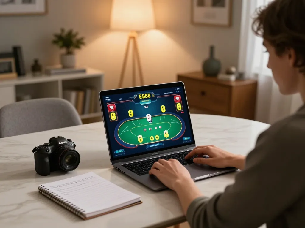 Player engaged in online poker at EE88 on a laptop, surrounded by strategy notes and cozy decor.