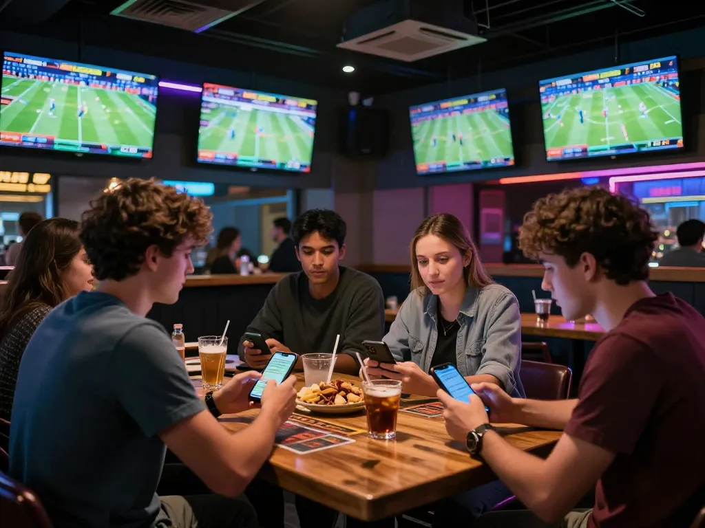 Friends engaging in sports betting with lc88vina app on smartphones in a lively bar