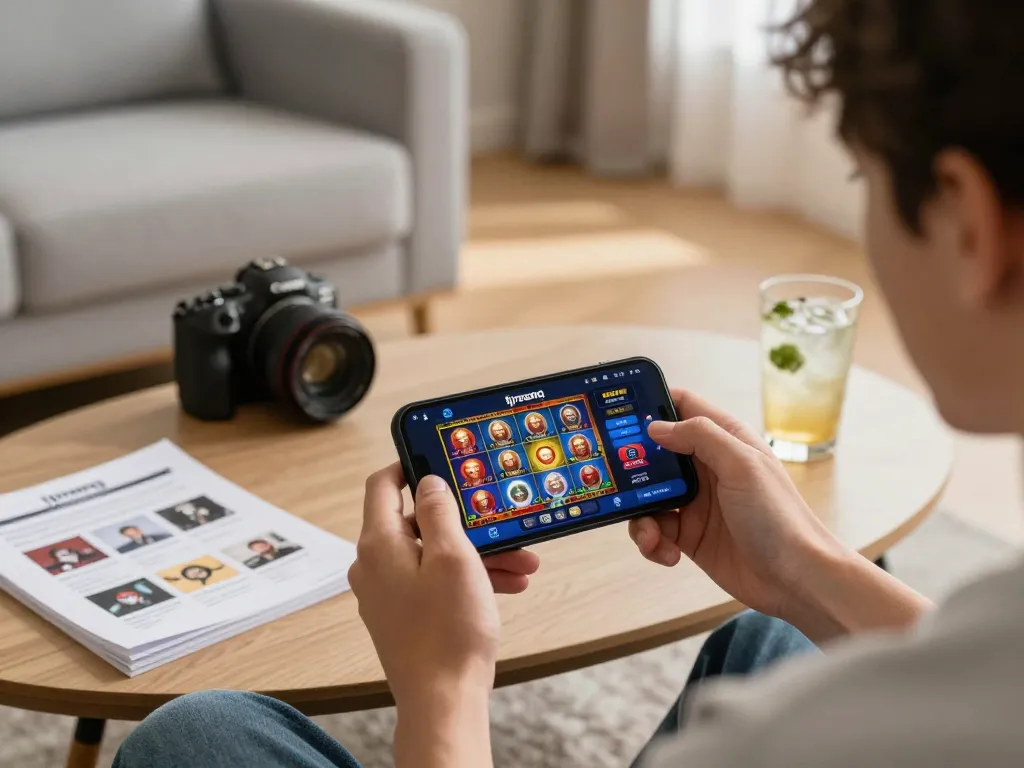 Pemain berinteraksi dengan aplikasi kasino tjroeng di smartphone, menampilkan fitur permainan interaktif sambil menikmati kenyamanan rumah