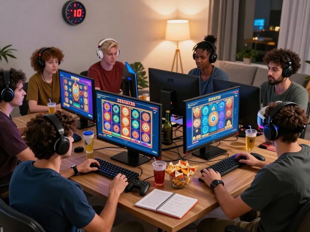 Players enjoying a vibrant Zeus138 online slot game session in a cozy living room.
