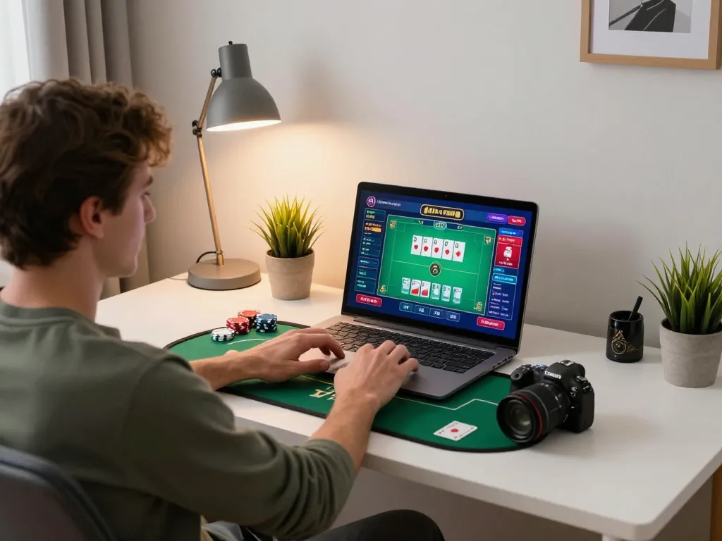 Engaging in live poker on Bet88 platform from a cozy home office setup, showcasing vibrant game interface.