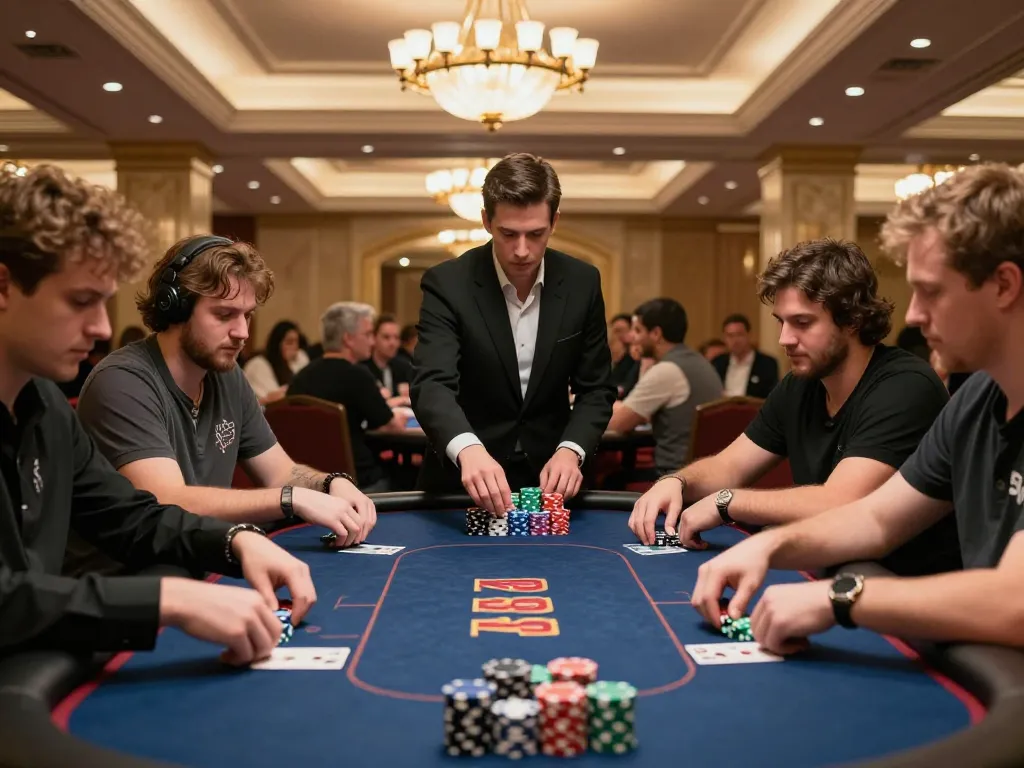 32win players engaged in a thrilling poker game showcasing strategy and high stakes in a luxurious casino.