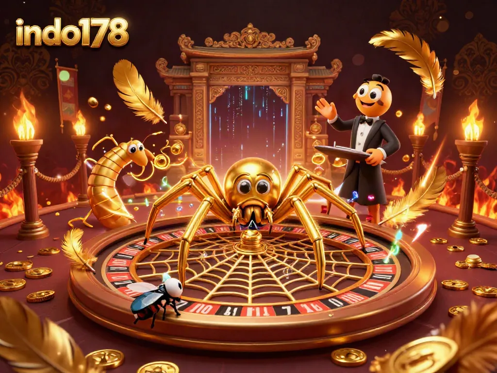 Experience thrilling gameplay at indo178 with a golden spider and roulette wheel in a vibrant 3D scene.