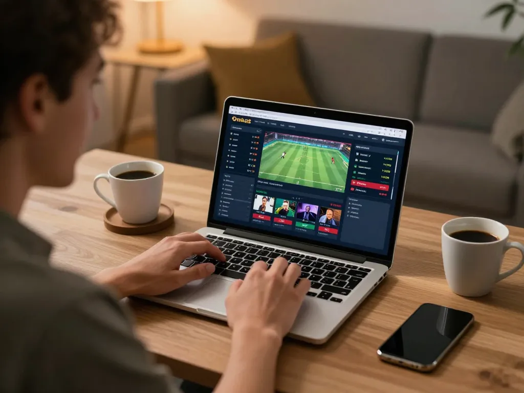 Engaging online sports betting experience at home with bem88l interface visible on screen.