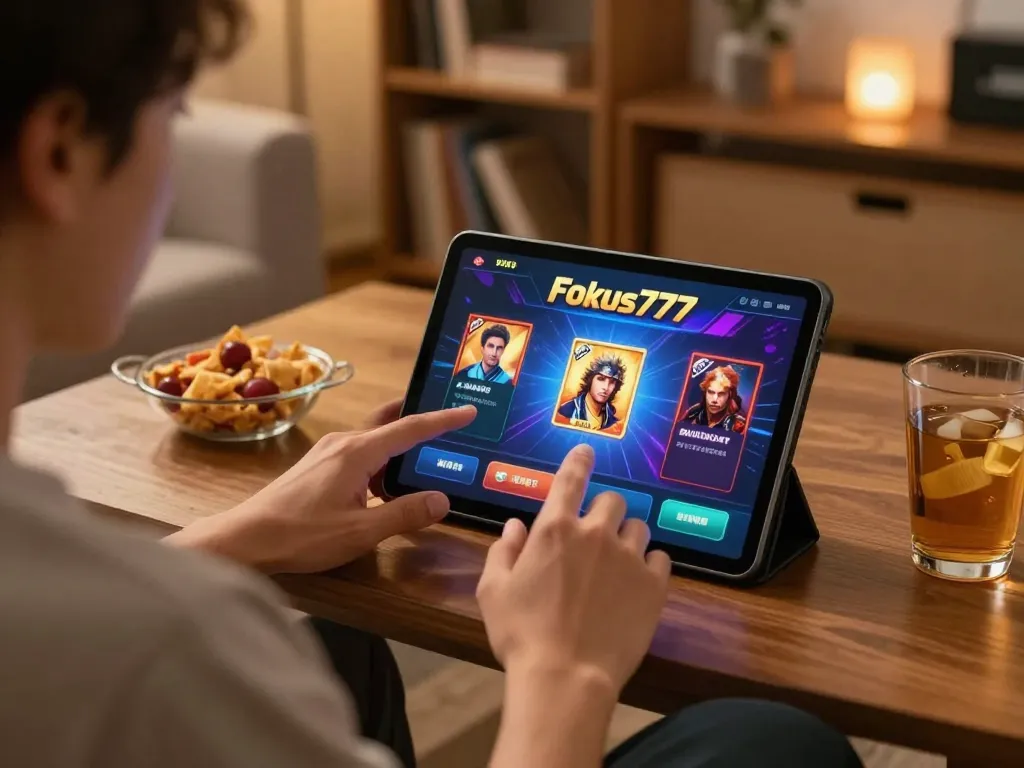 Player enjoying Fokus77 online slots on tablet in cozy home setting with snacks around