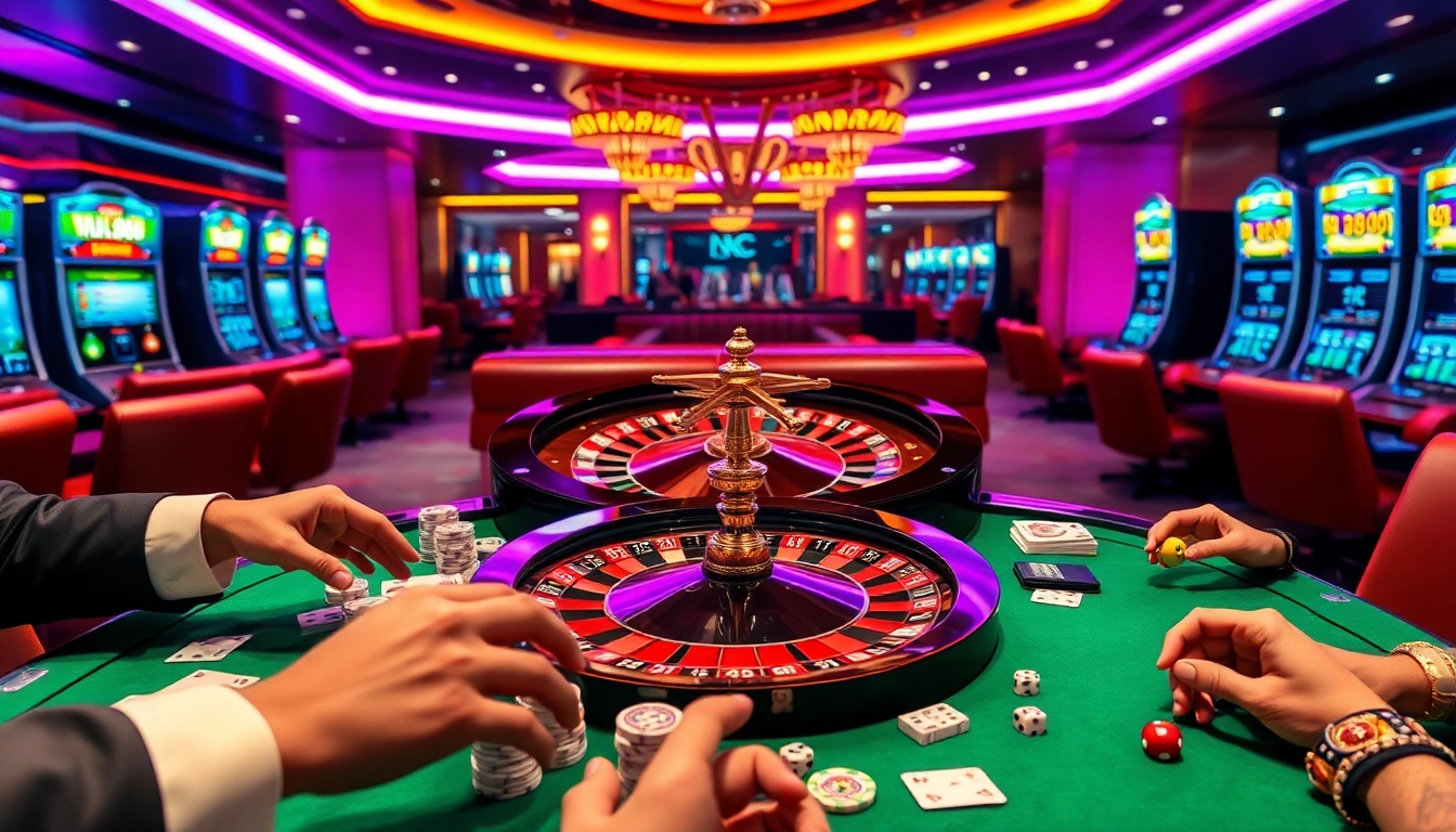 NK888 branded roulette wheel showcasing betting strategy with poker chips and cards in vibrant casino setting