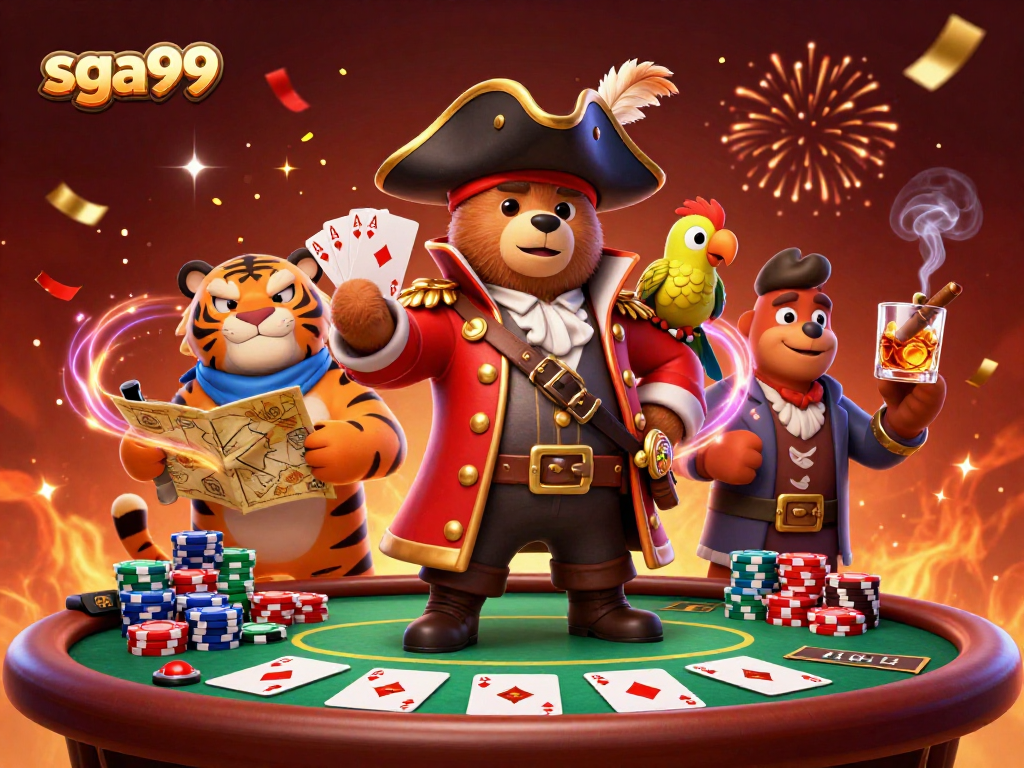 Experience thrilling gaming action at sga99 with a vibrant casino scene featuring a bear captain and crew.