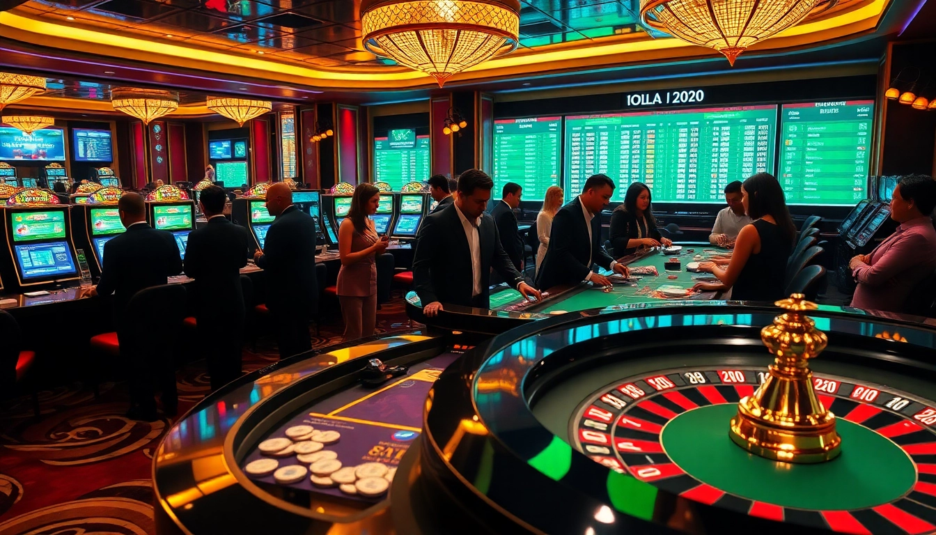 Betting action at Situs Judi Bola Piala Dunia 2030 with vibrant casino elements and players engaged.