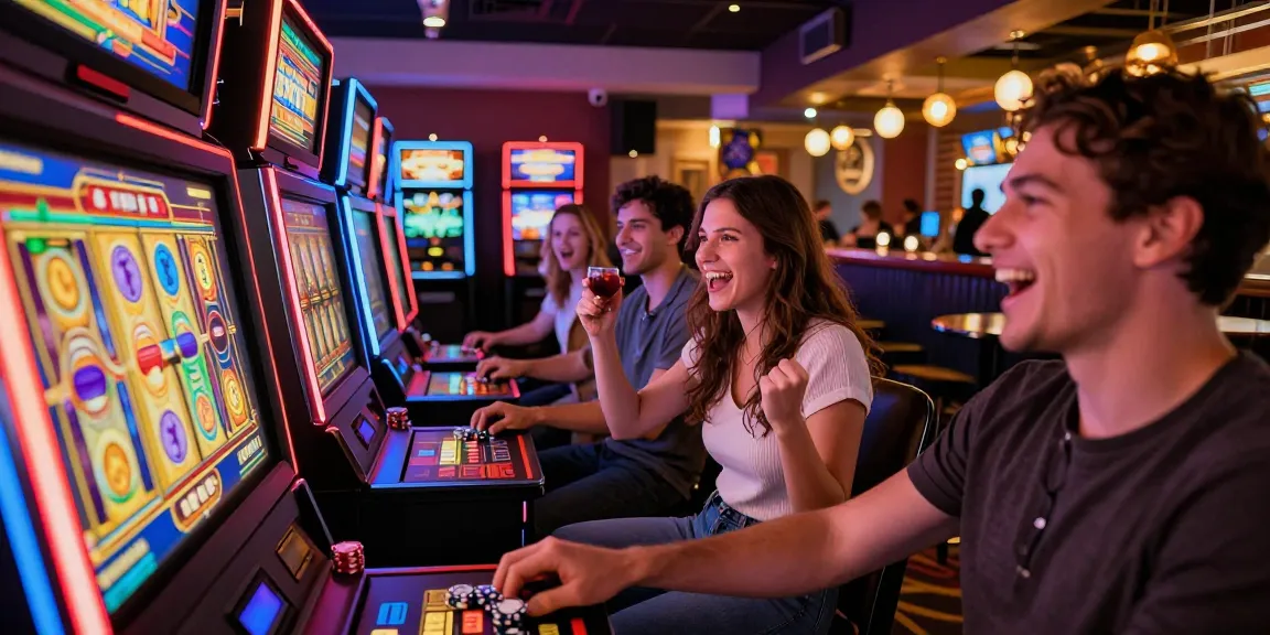 Friends enjoying an exciting night at a vibrant slot machine gaming lounge.