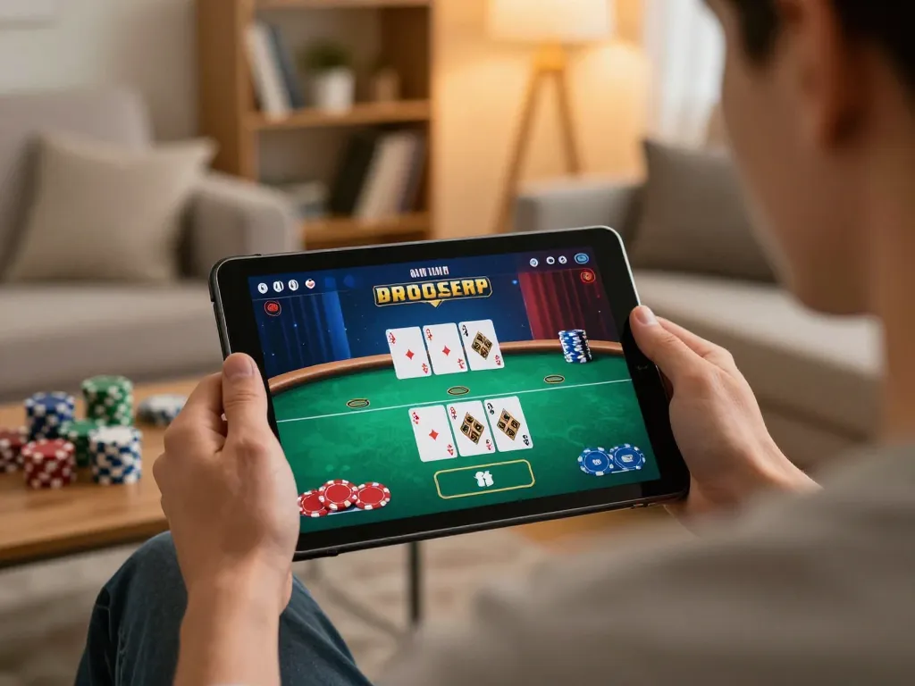 Engaging online gameplay featuring Go 88 on a tablet, showcasing cards and chips in a cozy setting.