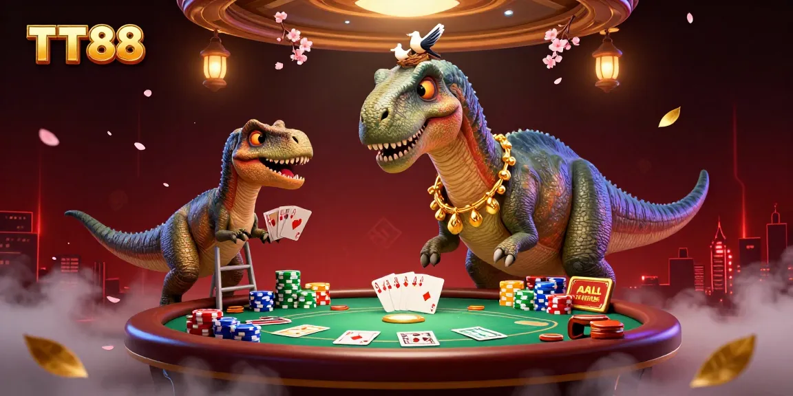 TT88 casino scene with a brontosaurus and raptor dealing cards in an ultra-detailed 3D illustration.