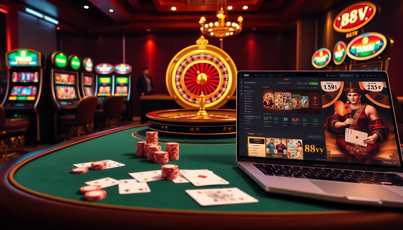 Experience the luxury of 88vv with vibrant casino tables, chips, and an engaging gaming atmosphere.